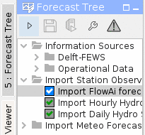 Delft-FEWS forecast tree with the Import FlowAi forecasts workflow under Import Station Observations, run successfully