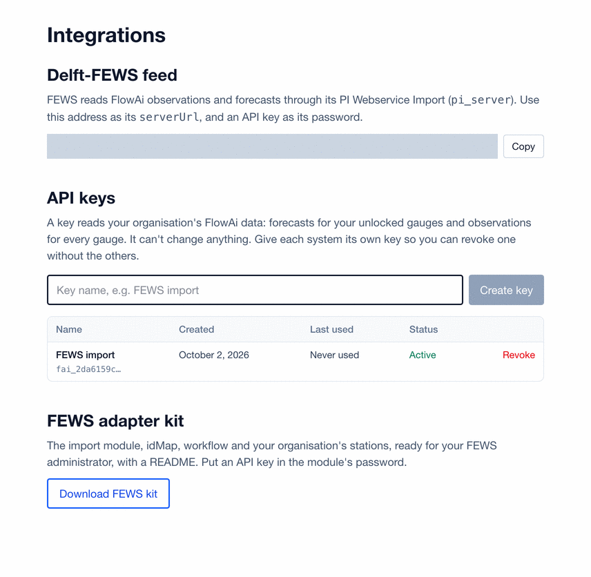 FlowAi Integrations page: the Delft-FEWS feed address, the list of API keys with one active key, and the Download FEWS kit button