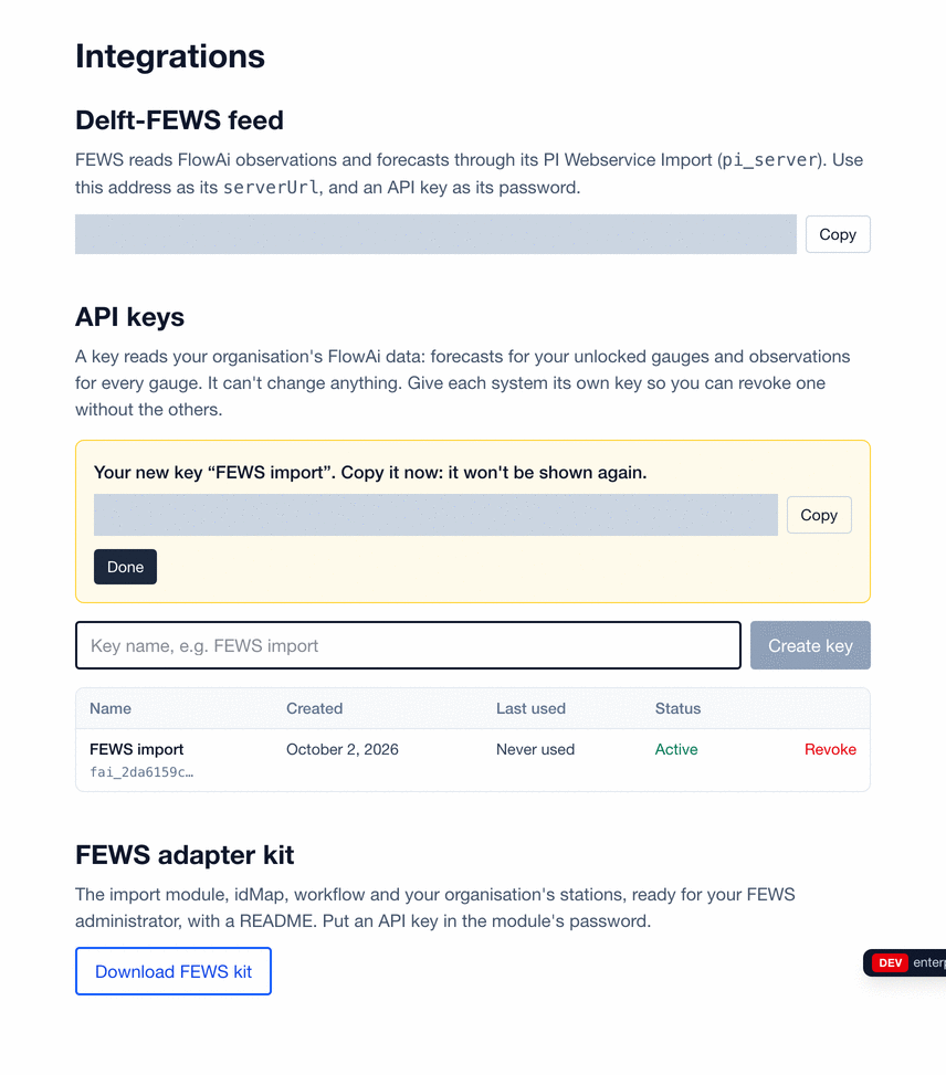 FlowAi Integrations page right after creating a key: the new key in a highlighted box with a Copy button and the warning that it won't be shown again