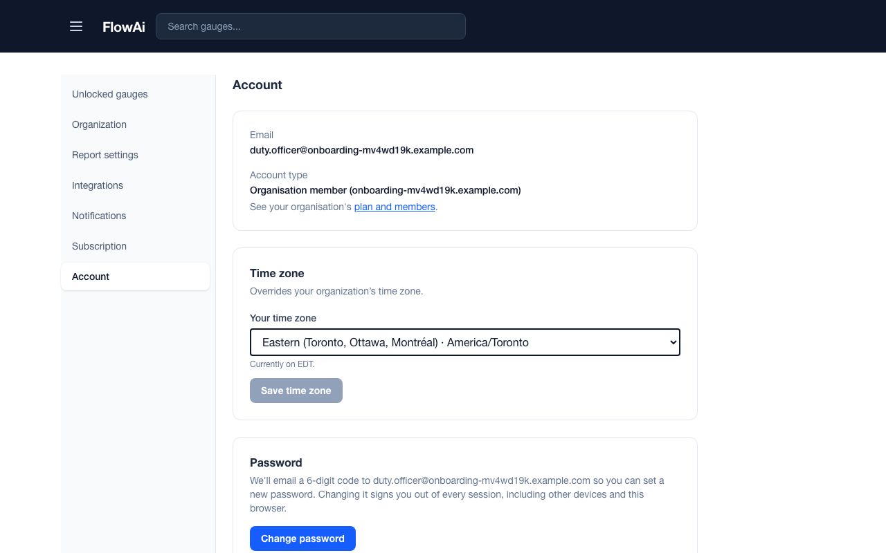 Profile, Account page with the account type, the time zone selector and the password card