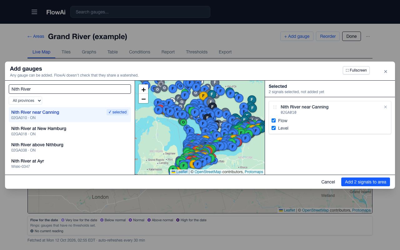 The Add gauges dialog: a search box, a map of gauges and the selected gauge with flow and level ticked
