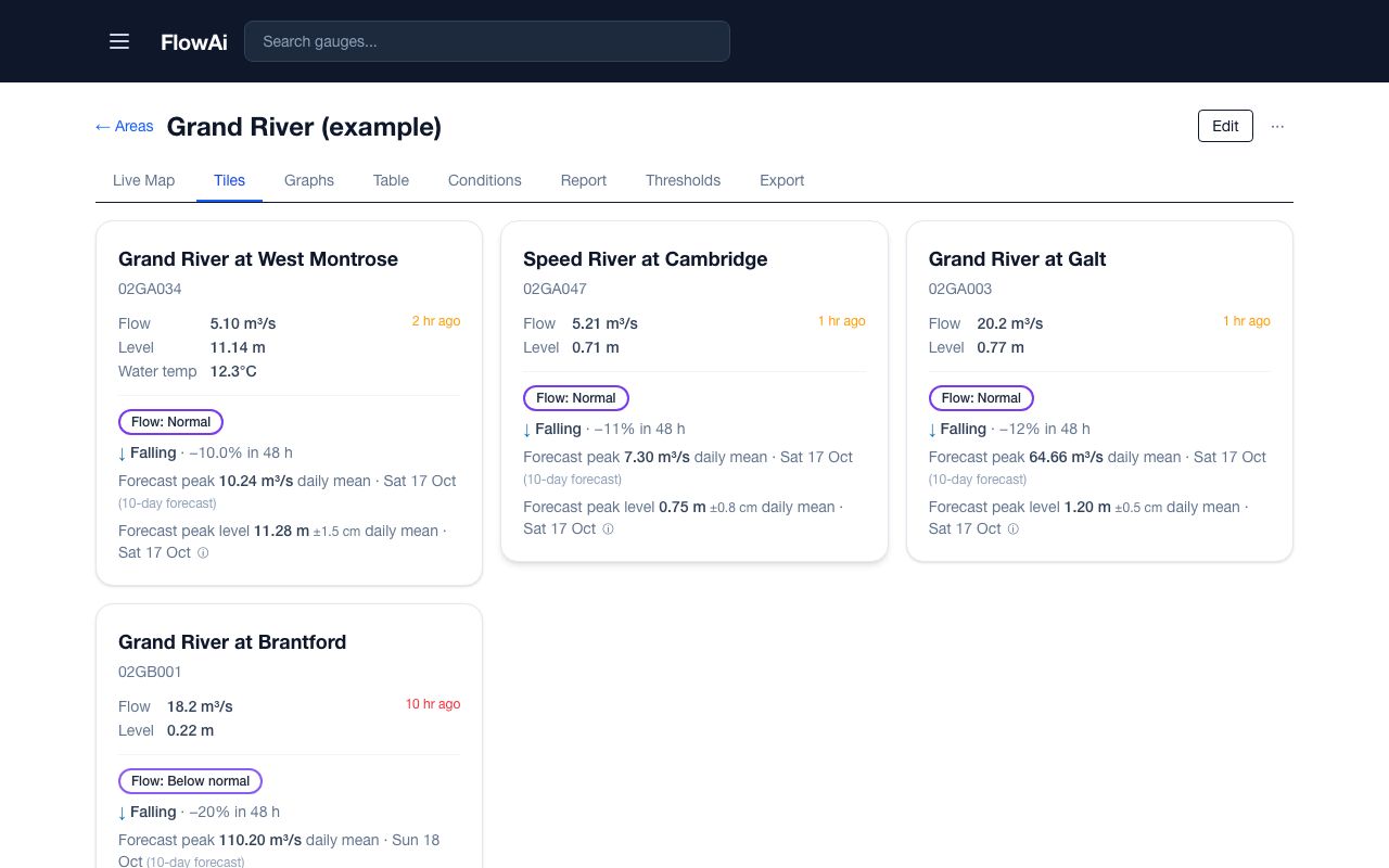 An area's Tiles tab: one tile per gauge with flow, level, status and forecast peak