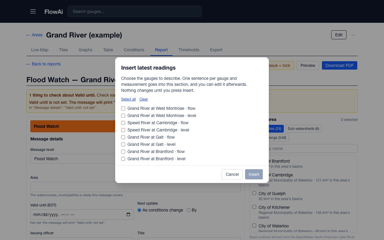 The Insert latest readings dialog listing flow and level for each gauge in the area, with Select all and Insert