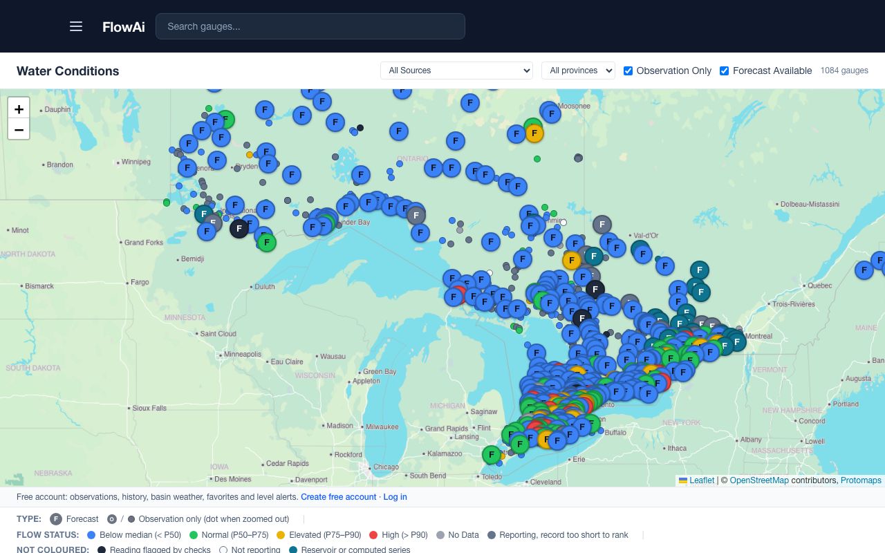 The FlowAi map of Ontario gauges, coloured by flow status, with source, province and forecast filters