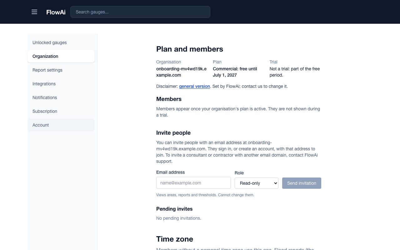 Profile, Organization page: the plan and members card and the invite form