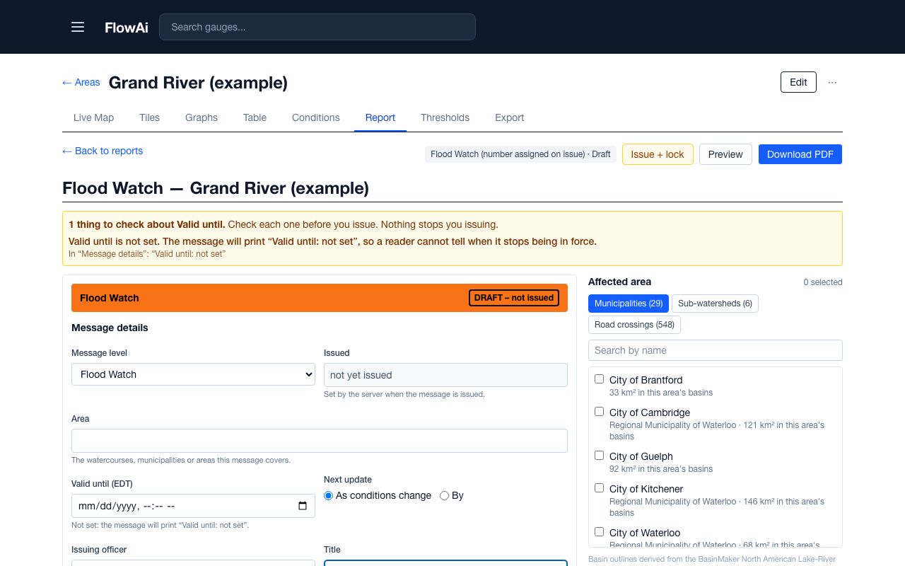 A draft Flood Watch: the workflow buttons, the message details form, the affected area picker and the widgets panel