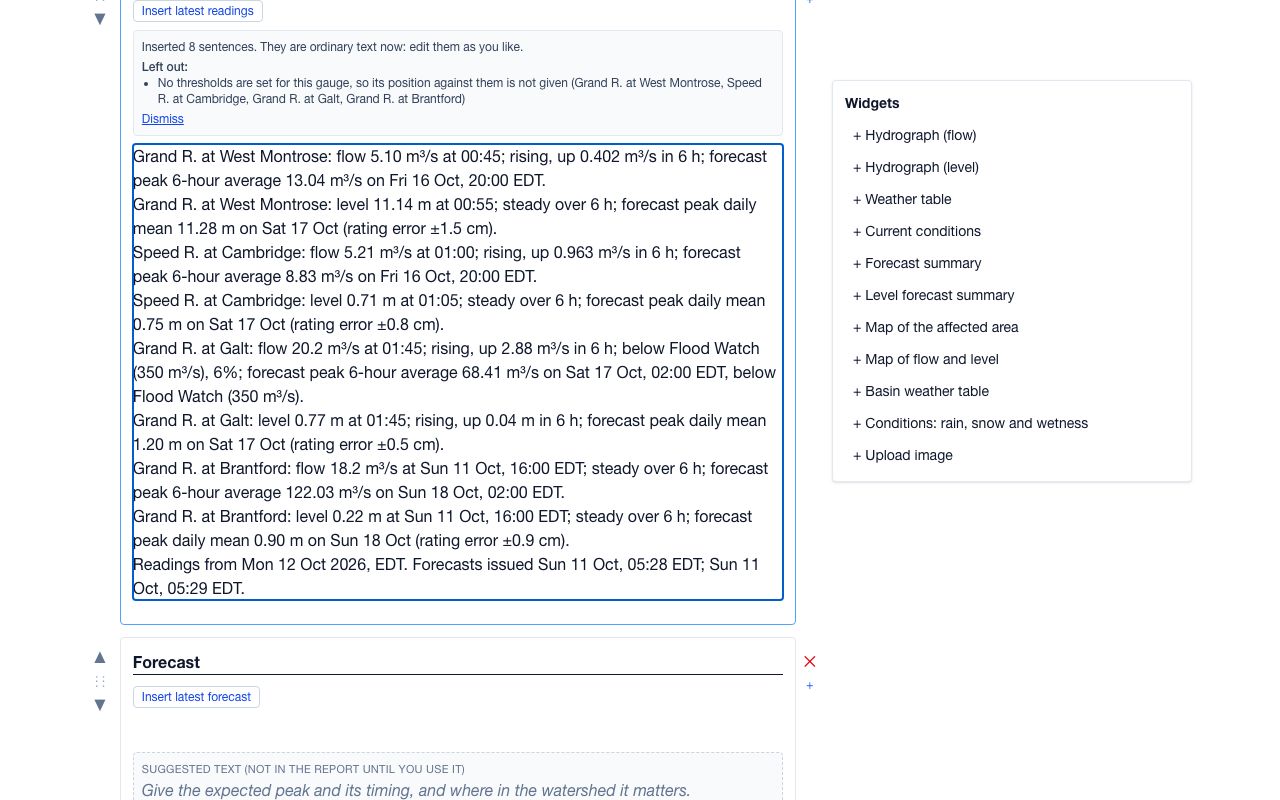 The Current conditions section filled with one sentence per gauge and measurement, beside the widgets panel
