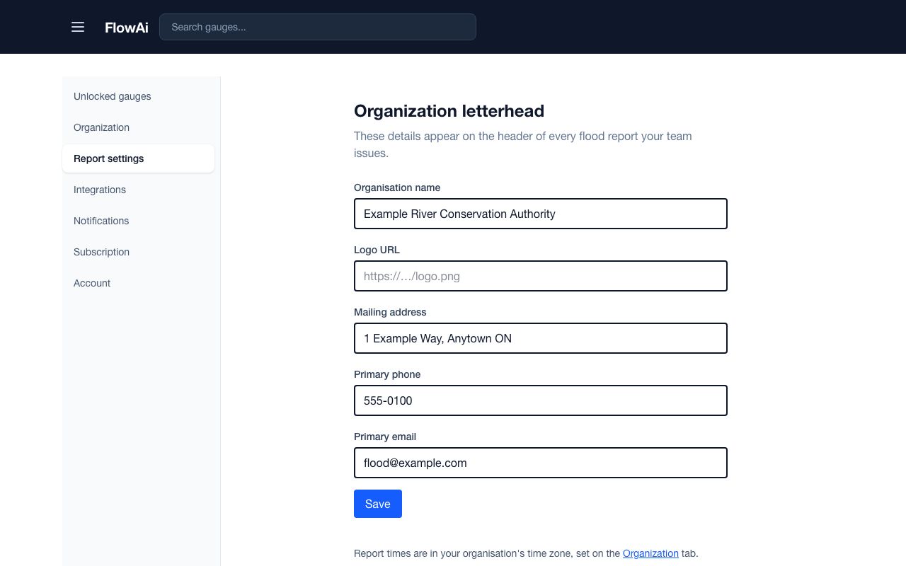 Profile, Report settings: the organisation letterhead form with name, logo URL, address, phone and email